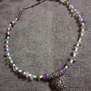 Elegant Silver and Multicolor Stone Chip& Beaded Necklace